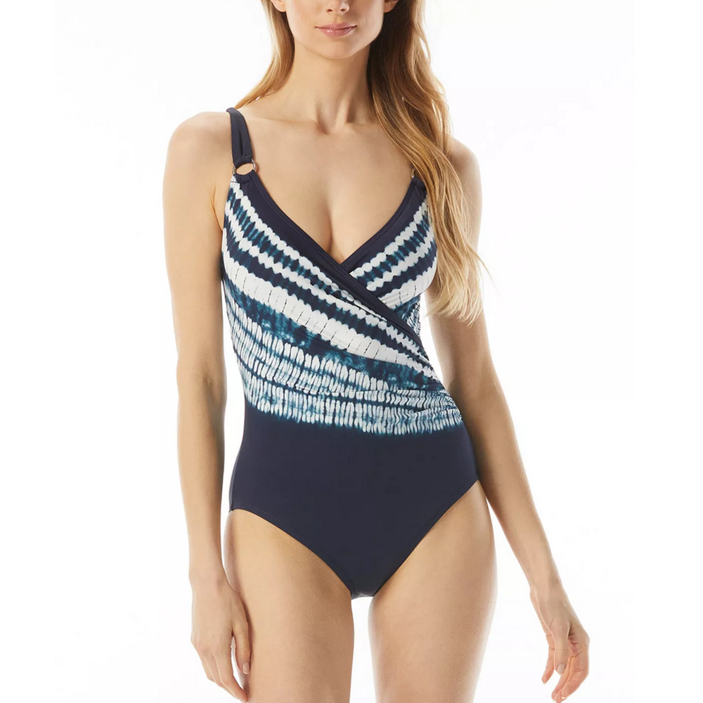 Michael Kors Tie-Dye Long Ring Surplice One-Piece New Navy Size 14 1172